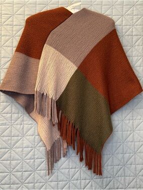 Girls Cozy Colorblock Knit Fringe Shawl/Poncho - Rust, Mauve & Olive Pullover